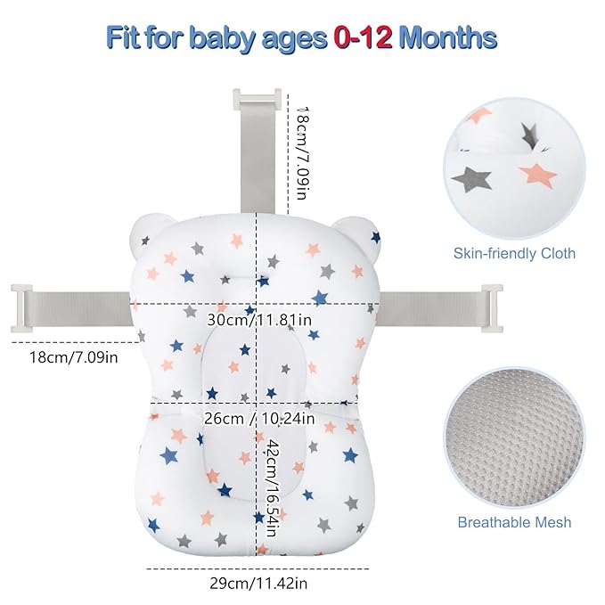 Colorlife Baby Bath Seat Support Net Infant Bathing Seat Support Mat, Adjustable Comfortable Non-Slip Three-Pointed Baby Shower Bathtub Sit Up Mesh for Newborn 0-12 Months-White Star(No Bathtub)