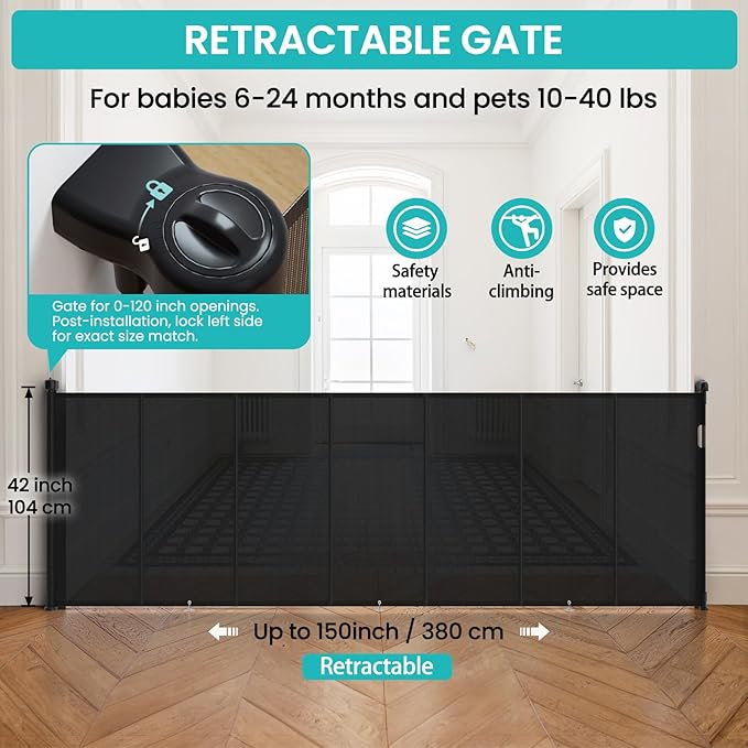 Upgrade Retractable Baby Gates Extra Wide (150" W x 42" H), 150 inch Reinforced Retractable Dog Gate to Prevent Crawling Through, Retractable Gate Outdoor/Indoor, Real One-Handed Operation, Black