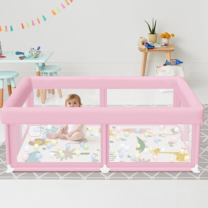 Large Baby Playpen with Mat 50"x50" Baby Girl Play Pen for Babies and Toddlers, Safe Structure and Soft, Skin-Friendly Fabric with Zipper Gates Pink