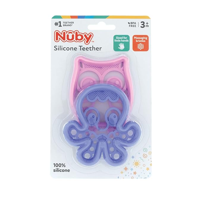 Nuby Soft Silicone Gum Massaging Baby Teether Toy - (2 Pack) Baby Teething Relief Toys for 3+ Months - Owl and Octopus