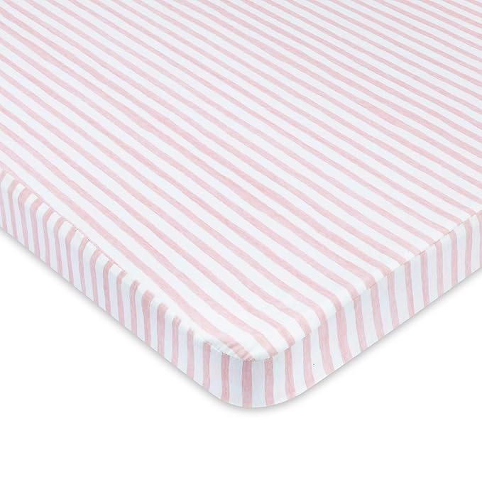 Ely’s & Co. Waterproof Pack and Play/Mini Crib Sheets – All-in-One Mattress Protector and Fitted Playard Sheets – Jersey Cotton – Mauve Pink Splash & Stripes, Baby Girl Nursery Bedding – 2-Pack