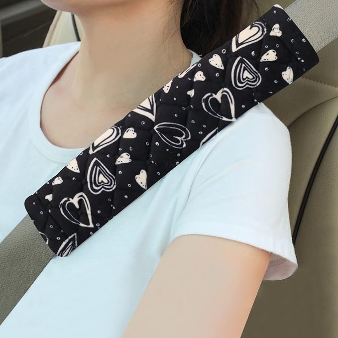 Amooca Soft Auto Seat Belt Cover Seatbelt Cushions Shoulder Pad 2 PCS for a More Comfortable Driving Compatible with All Cars and Backpack Cute Black Heart