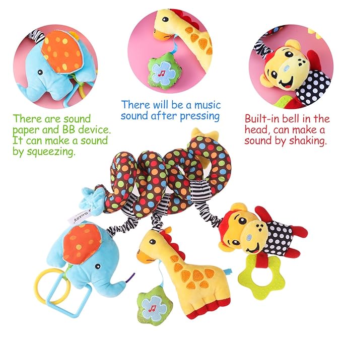TOYMYTOY Car Seat Stroller Toy: Kid Plush Monkey Elephant Crib Hanging Rattles, Baby Spiral Carseat Bed Stroller Sensory Toy Newborn Essentials