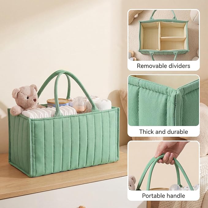 Green Diaper Caddy Organizer for Changing Table, Nursery Storage Basket for Diaper Stations with Removable Dividers, Newborn Baby Essentials & Registry Must Haves, Gift for Baby Shower