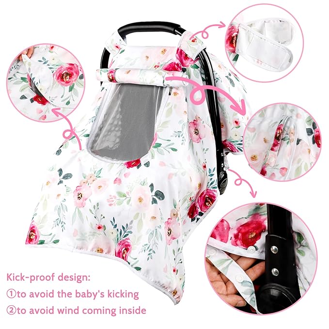 Car Seat Covers for Babies Girl, Winter Carseat Seat Cover for Newborns, Carseat Canopy Cozy & Warm Cover, Carrier Cover with Peep Windows, Pink Flower Rose