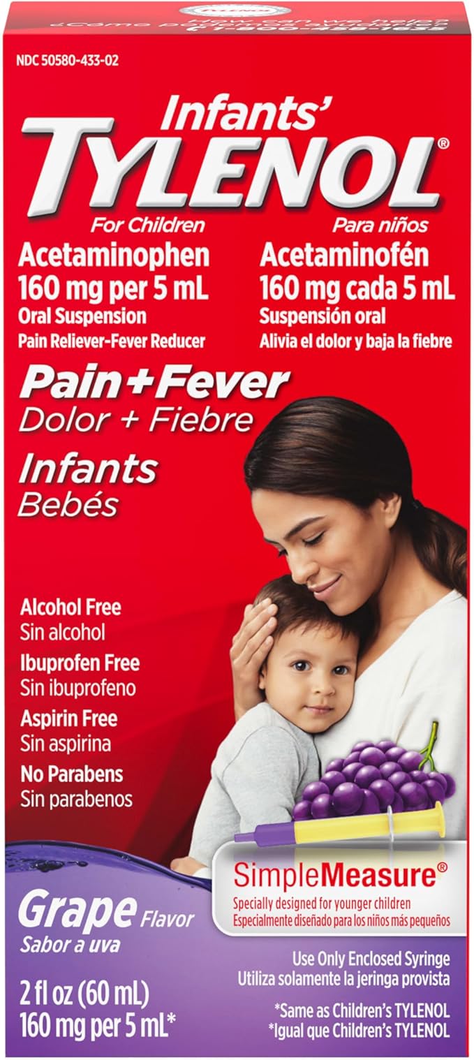 Infants' Tylenol Liquid Pain Relief & Fever Medicine, Oral Suspension, Acetaminophen for Sore Throat, Headache & Teething, Pain Reliever & Fever Reducer for Kids; Grape Flavor, 2 fl. oz.; Pack of 1
