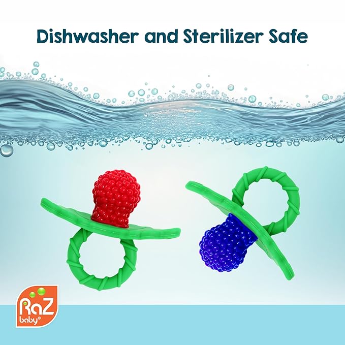RaZbaby Soft Silicone Infant & Baby 3M+ Teether Toy Berrybumps Textured Teething Relief Pacifier - Soothes Sore Gums - Hands-Free & Easy-to-Hold Fruit-Shaped RaZberry Design, BPA Free – Blue