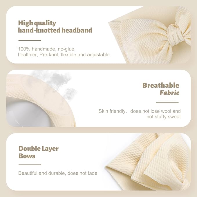 YanJie 3PCS 7'' Big Bows Baby Girls Headbands Soft Stretchy Newborn Bows Infant Baby Hair Bows Toddler Headwrap Hair Accessories Khaki Beige Light Pink