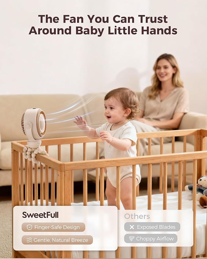 SWEETFULL Baby Stroller Fan - 4000mAh Rechargeable 4-Speed Quiet with LED Display & Night Light, Mini Portable 360° Clip On Safe Fan for Car Seat, Crib, Travel - Brown