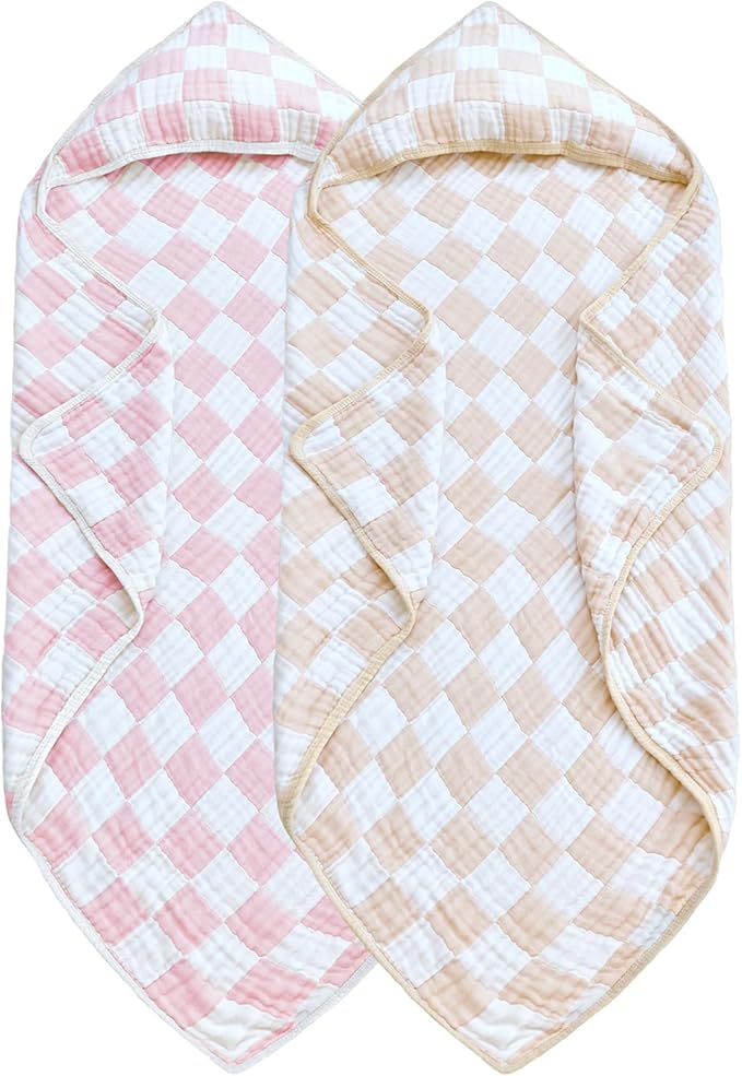 Ultra Soft Checkered Muslin Hooded Baby Towels for Newborn Boys and Girls 2 Pack 32x32 inch Cotton Muslin Baby Bath Towels for Newborns Toddlers,Newborn Essential (Cream and Pink)