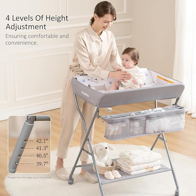 Baby Changing Table with Wheels, Maydolly Portable Adjustable Height Folding Diaper Station with Nursery Organizer & Storage Rack for Newborn Baby and Infant (Light Grey)