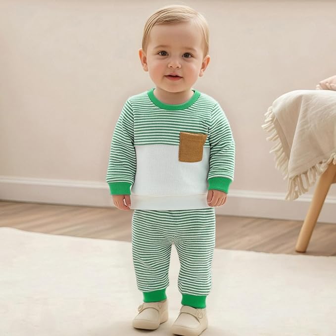 Toddler Baby Boy Fall Outfit Long Sleeve Crew Neck Contrast Color Sweatshirt Top Pant Cute Newborn Infant Waffle Clothes
