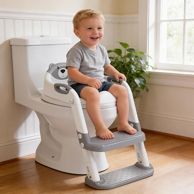 Potty Training Seat, SKYROKU Potty Training Toilet with Step Stool Ladder, for Kids Boys Girls Toddlers - Comfortable Safe Potty Seat with Anti-Slip Pads Ladder (8838+Grey)
