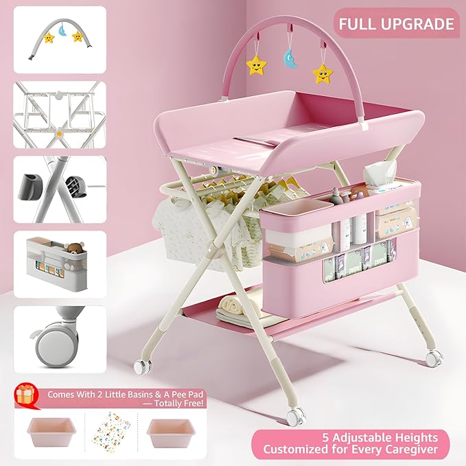 Changing Table, Portable Baby Changing Table with Wheels, Upgraded Foldable Diaper Changing Station with 5-Level Adjustable Height & Large Nursery Organizer Storage for Newborn Infant (Pink)