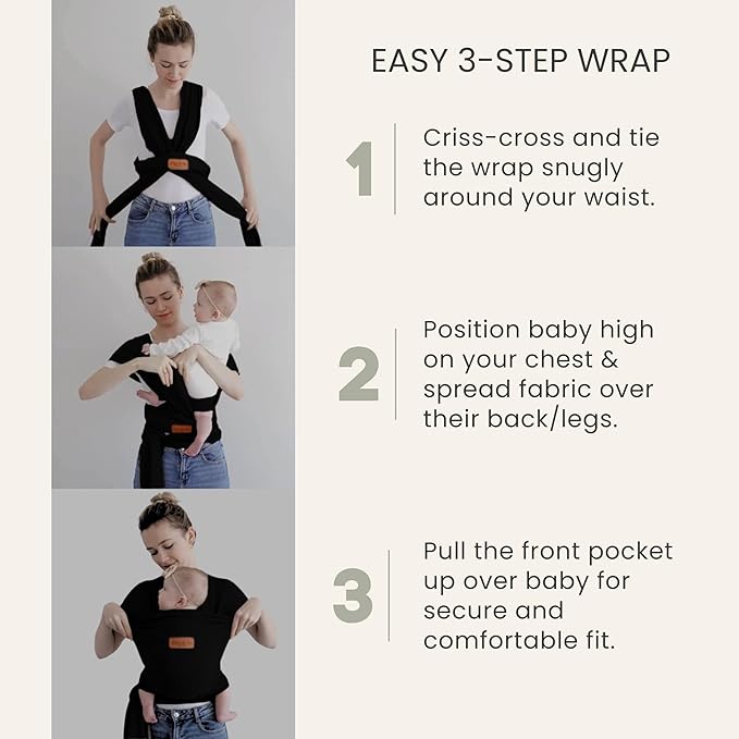 Baby Wrap Carrier - Premium Cotton Baby Carrier Wrap for Newborn to Toddler- Infant Carrier- Baby Holder One Size Fits All with Front Pocket (Black) by Max&so