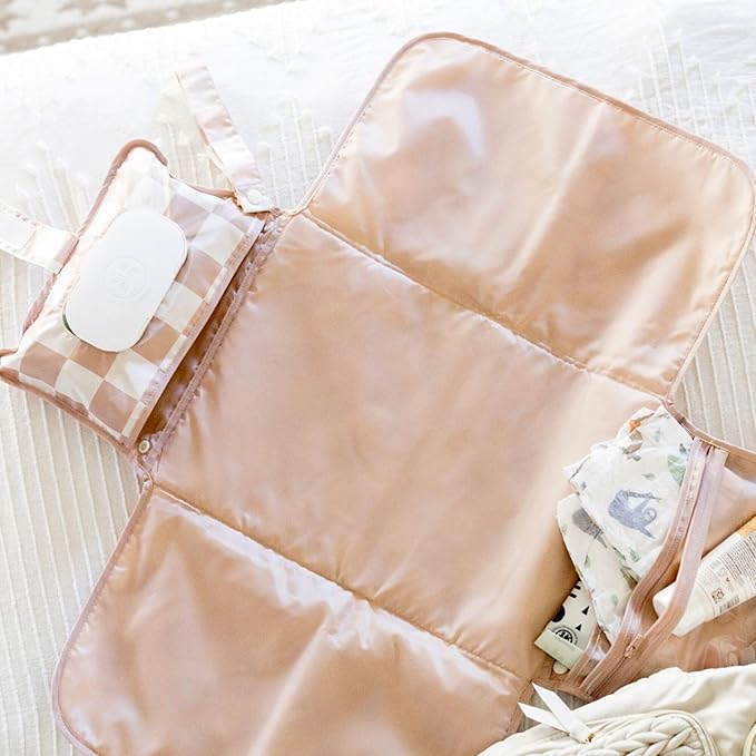 Tiny Twinkle Portable Diaper Changing Pad | Waterproof, Wipeable & Compact Baby Changing Pad for Travel | Smart Wipes Pocket & Organized Storage| Newborn Shower Gift (Beige Checkers)