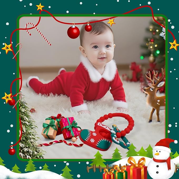 Silicone Baby Ring Toy with Christmas Stocking and Tree Teethers,Must Haves Teething Relief Chew Toys for 0-6,6-12 Months Boys and Girls,Newborns Essentials,Safe and Soft,BPA Free.