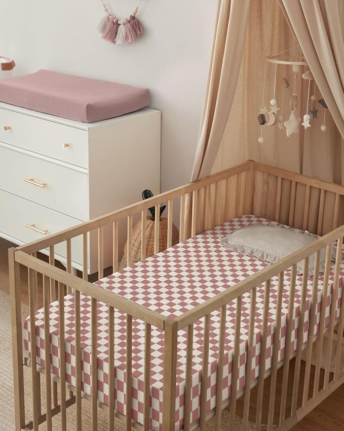 Blissful Diary Muslin Crib Sheets for Girl Boy, Boho Neutral Soft Cotton Baby Sheet for 52''x28'' Standard Crib Mattress, 2 Pack(Dusty Pink Checkboard & Dusty Pink)