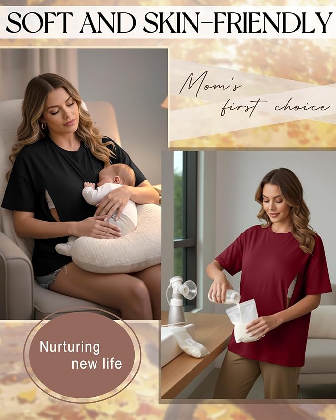 3 Pack Women's Oversize Nursing Breastfeeding Shirts Hidden Zipper Short Sleeve Loose Fit Maternity Tops