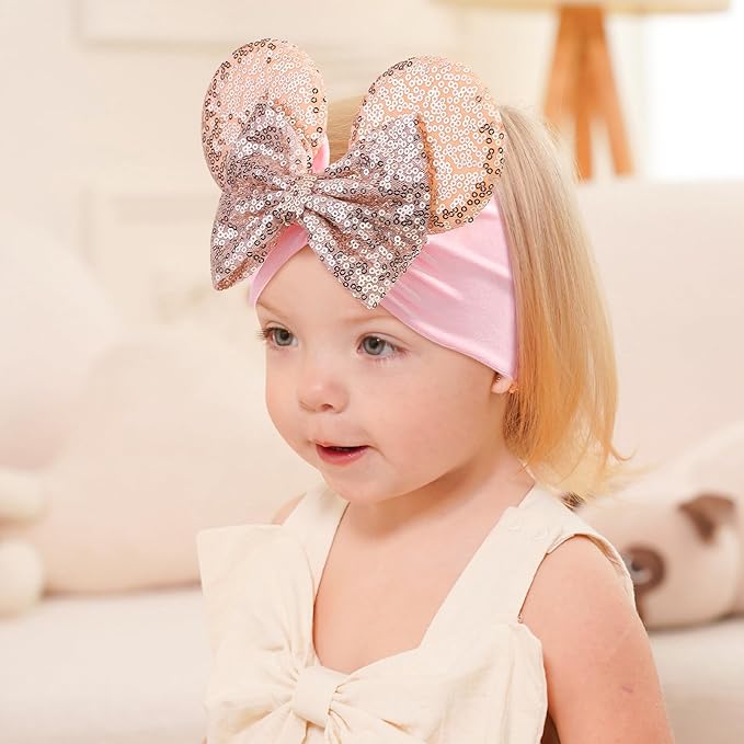 choicbaby 3 PCS 5 Inches Mouse Ears Sequin Bow Nylon Hairband with Polka Dot Cute Baby Headbands Soft Hairbands Hair Accessories for Newborn Infant Toddler Party Supplies
