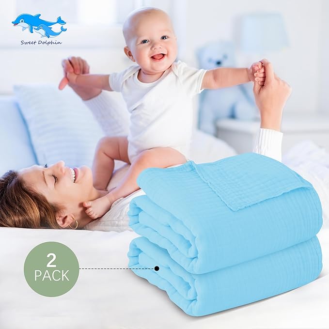 SWEET DOLPHIN Muslin Baby Bath Towels Blanket - 2 Pack 100% Cotton Towel for Babies, Infants, Toddlers - 40x40Inch - Highly Absorbent, Blue