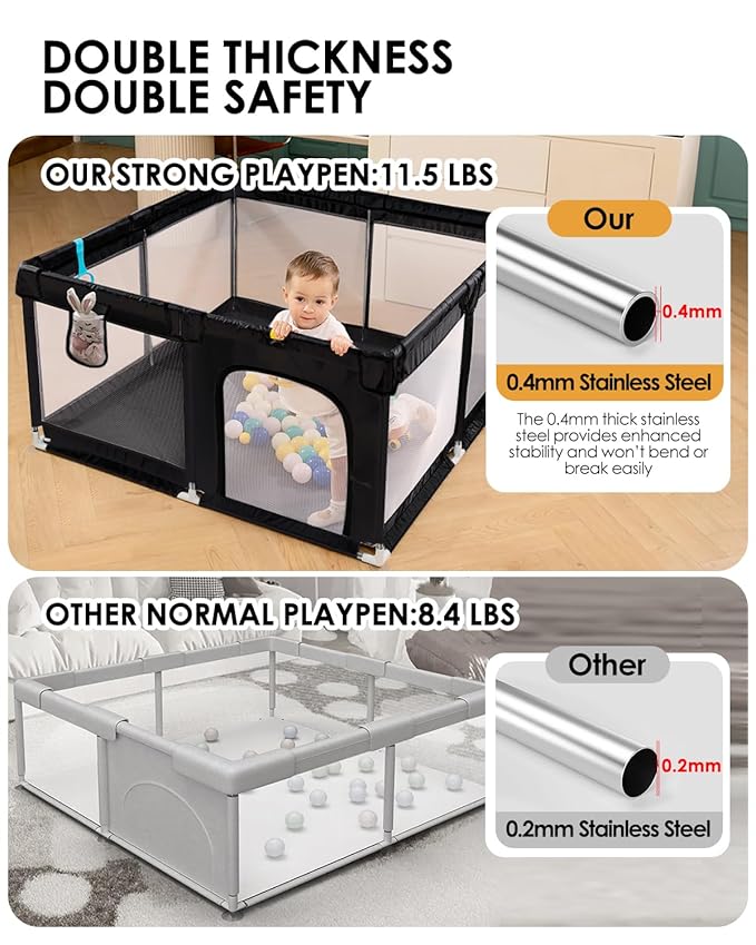 Baby Playpen with Mat, 50" x 50" Extra Large Play Yard for Babies and Toddlers, Baby Fence with Soft Thick Play Mat, Indoor Safety Activity Center for Infants, Easy to Assemble and Clean（Black）