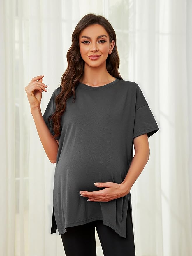 Ecavus Women's Casual Maternity Shirts Split Side Pregnancy Tops Blouses Short Sleeve Loose Fit Maternity Clothes