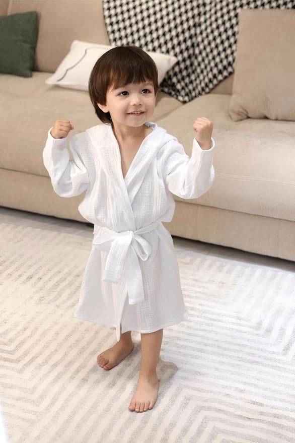 Organic Cotton Toddler Bathrobe, Soft and Breathable Baby Robe for Kid, Boy& Girl Hooded Robe Muslin