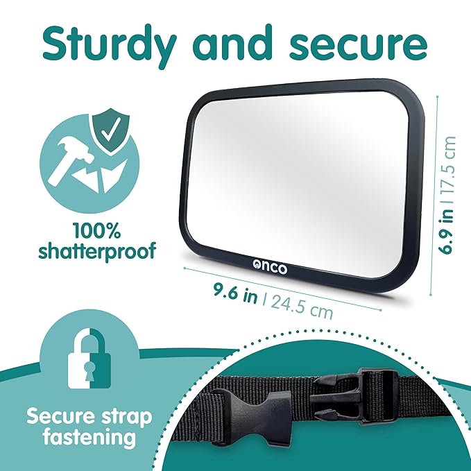 Onco Baby Car Mirror Rear Facing (2 Pack) - 100% Shatterproof & Shakeproof, Award-Winning Convex Car Mirror for Baby with 360° Rotation, Newborn Essentials (9.6 x 6.9 in)