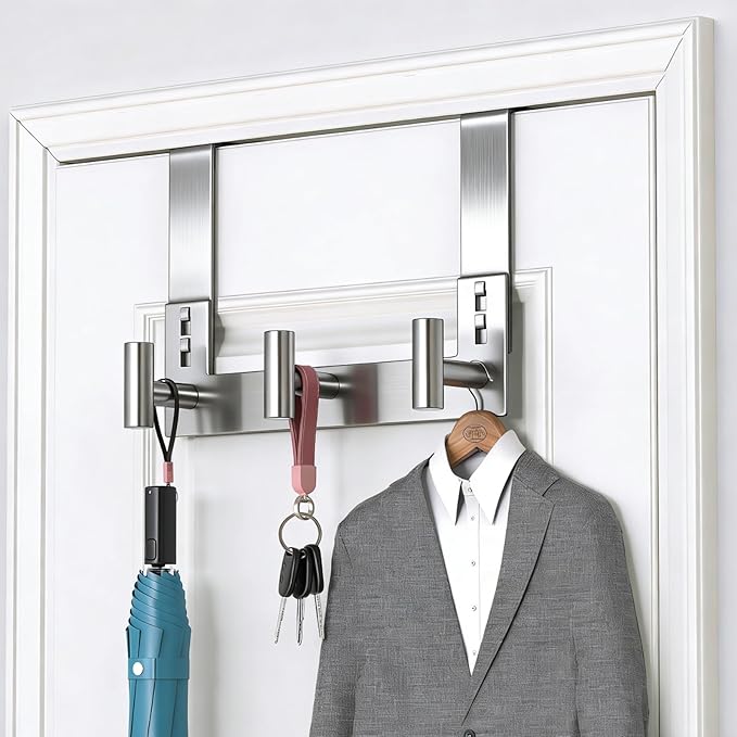 PMMASTO Over The Door Hooks, Fits 1-3/4" Thick Door No Drill Hooks for Closet Bathroom Bedroom Organization, Hanger for Coat Towel Robe (Silver, 3 T-Hooks)