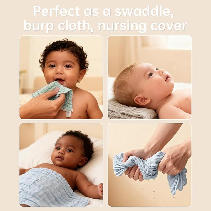 Organic Muslin Baby Washcloths 6 Pack Baby Bath Face Towel 12x12 Inch Extra Absorbent and Soft Burp Cloth and Wash Cloths for Newborn-Infants On Sensitive Skin (Blue Green Brown)