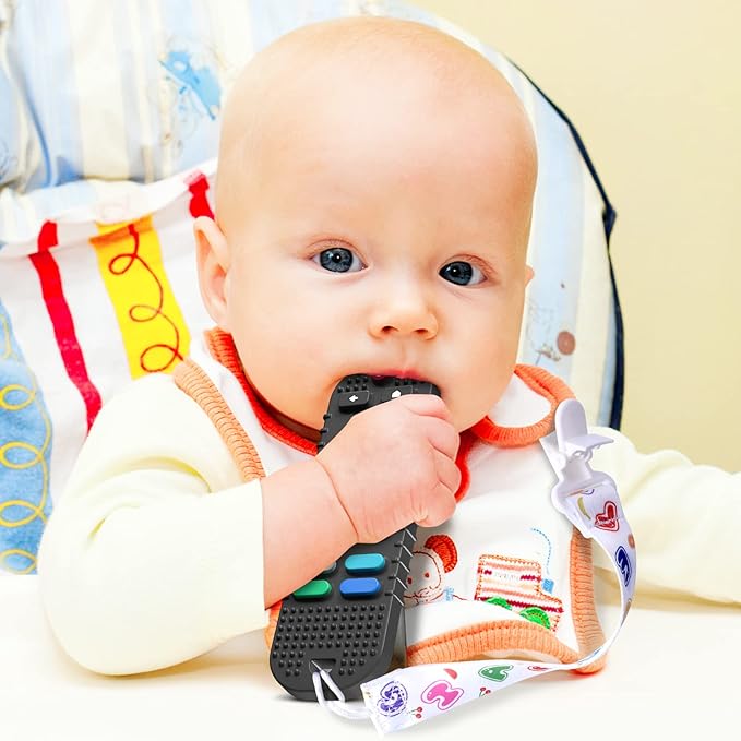 TV Remote Control Shape Baby Teething Toys and Phone Shape Teether Toys for Babies 6-12 Months, Soft Flexible Silicone Chew Toys for Baby - Black