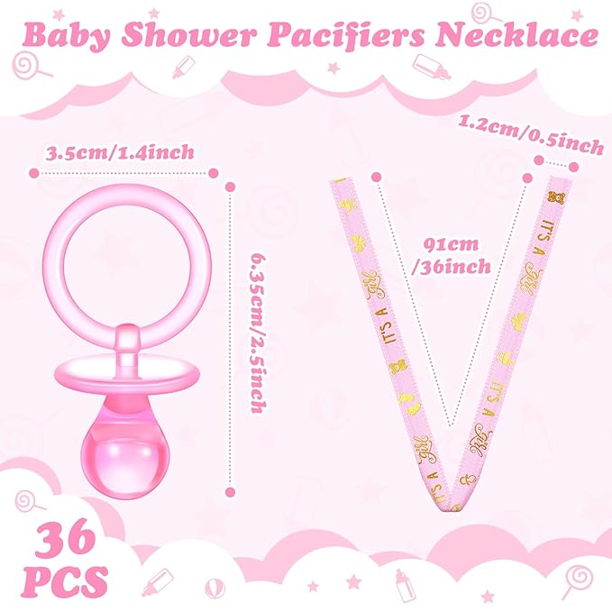 Geiserailie 36 Pcs Baby Shower Pacifiers Necklace Acrylic Pacifiers Necklace Charm Party Favors for Girls Boys Baby Shower Party Decorations Table Scatter(Pink)