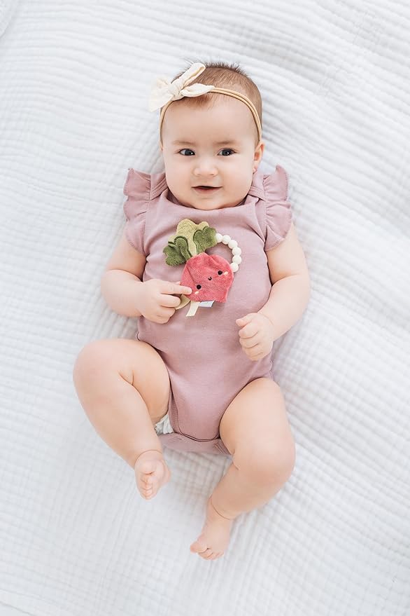 Pearhead Baby Veggie Teether Toy - Plush Turnip with Soft BPA-Free Silicone, Crinkle Sound Easy-to-Hold Teething Ring for Babies Ages 0 Months+, Stocking Stuffers for Newborns, Baby Christmas Gift