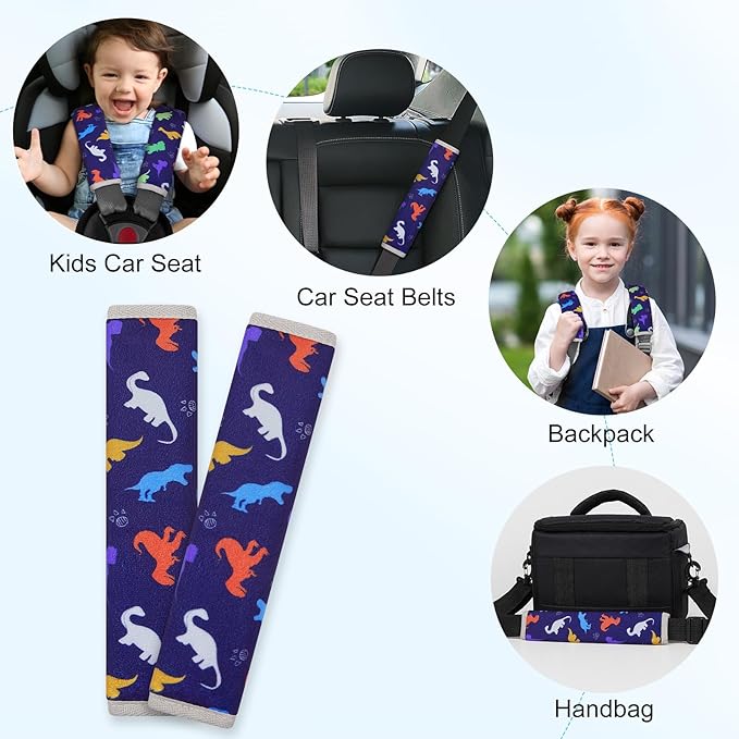 Seat Belt Cover Pad for Baby, Soft Seatbelt Cushion Covers for Kids 2Pcs Car Seat Strap Shoulder Pads for All Car Seats, Stroller, High Chair,Blue Dinosaur