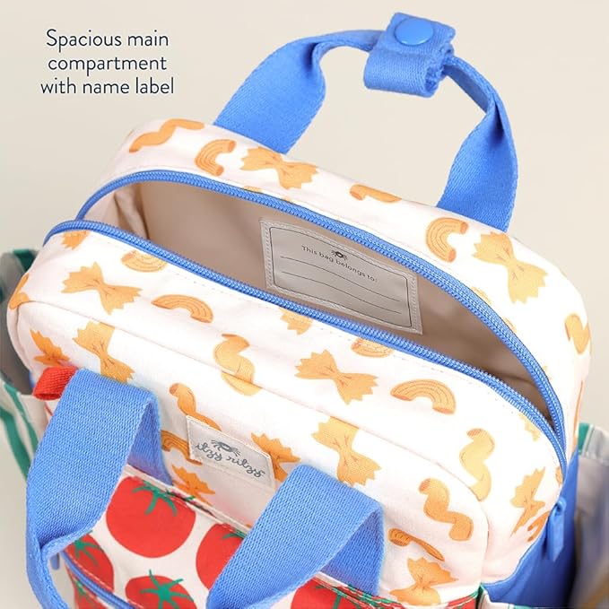Itzy Ritzy Toddler Backpack - Daycare Bag - Features Adjustable Shoulder Straps, 2 Side Pockets & Spacious Interior with Wipeable Fabric Lining & Name Label, Pasta
