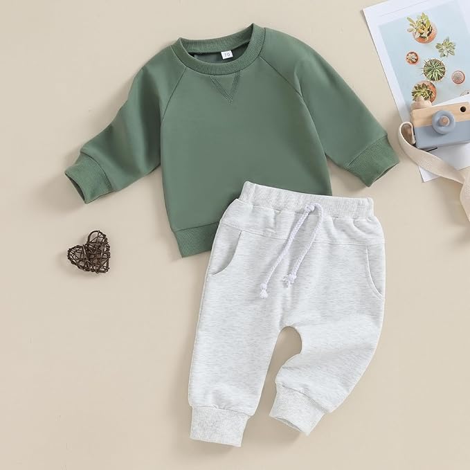 Toddler Baby Boy Clothes Solid Color Long Sleeve Crewneck Sweatshirt Top Casual Pants Set 2Pcs Fall Winter Outfits
