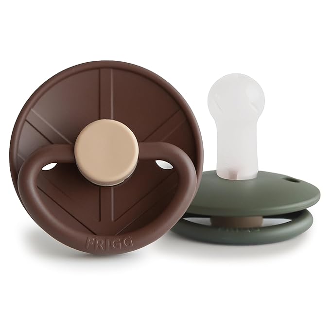 FRIGG Little Viking SilkySoft Silicone Baby Pacifier 2-Pack | Made in Denmark | BPA-Free (Cocoa/Olive, 6-18 Months)