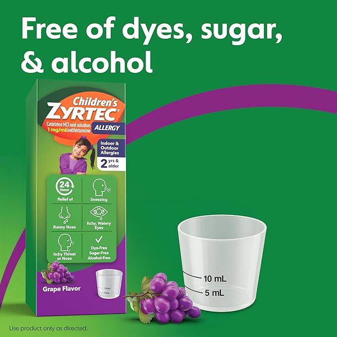 Zyrtec Children’s 24-Hour Allergy Relief Syrup, 5 mg Cetirizine Hydrochloride Antihistamine, Kids Allergy Medicine for Indoor/Outdoor Allergies & Hay Fever, Dye-, Alcohol- & Sugar-Free, Grape, 8 fl oz