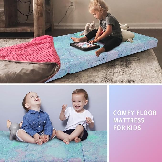 MeMoreCool Foldable Floor Mattress for Kids, Glow Star Trifold Mat, Kids Folding Mattress Portable Futon, 57x22 Inch Colorful