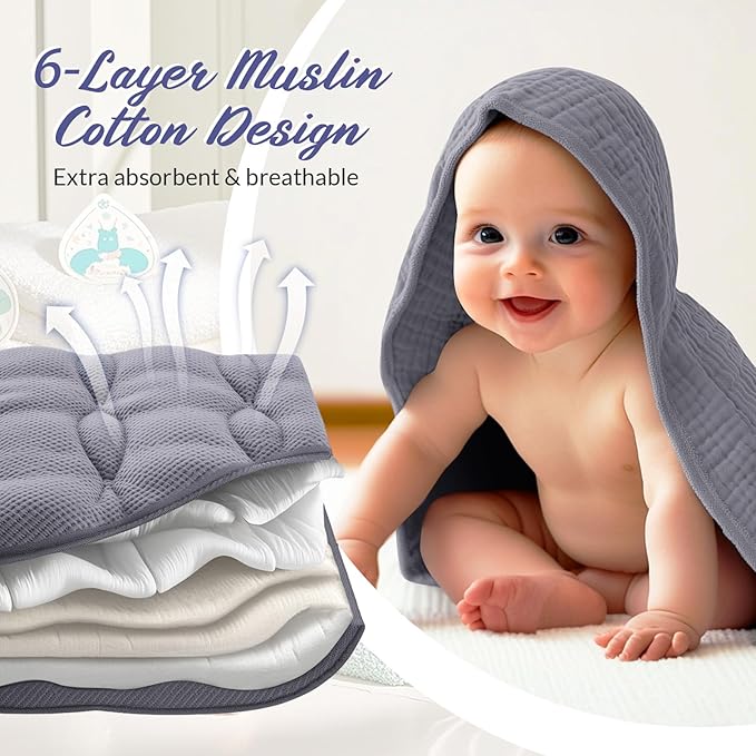 6 Pcs Muslin Hooded Bath Towels Washcloths and Bibs Set, Muslin Cotton Baby Towels Absorbent Hooded Blanket Towel Infant Bibs for Boys Girls Newborn Infant Essential(Gray, Green)
