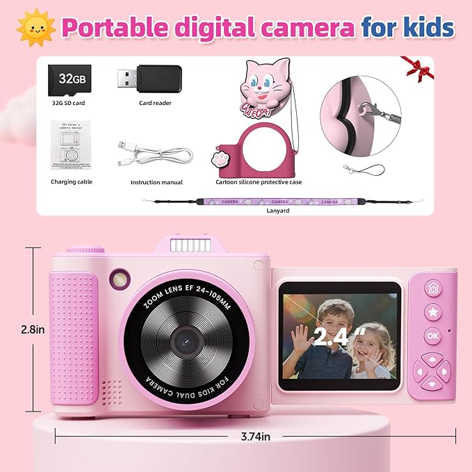 Kids Camera, Christmas Birthday Gifts for Boys Girls Age 3-12,Upgrade HD Flip Digital Video Cameras for Kids, Portable Toys for 3 4 5 6 7 8 9 10 Year Old Childrens with 32GB SD Card-Pink