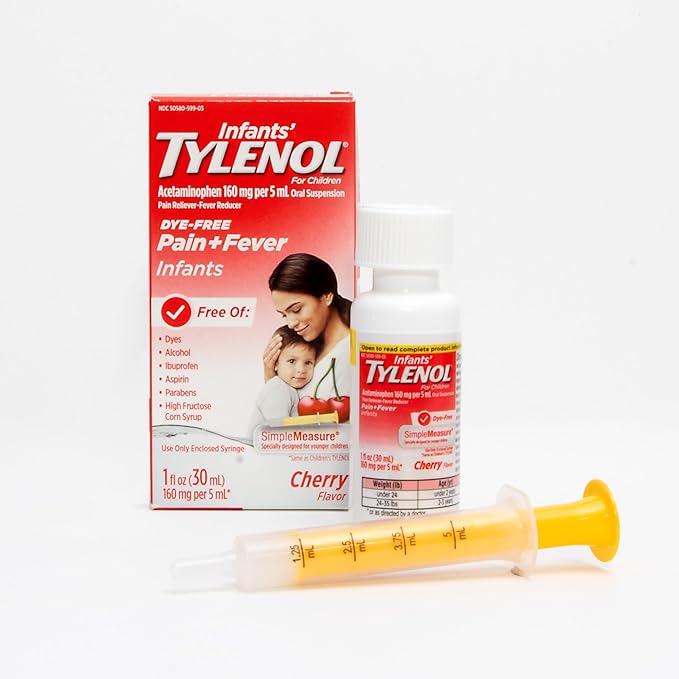 Infants' Tylenol Oral Suspension Liquid Medicine with Acetaminophen, Baby Fever Reducer & Pain Reliever for Minor Aches & Pains, Sore Throat, Headache & Teething Pain, Dye-Free Cherry, 1 fl. oz