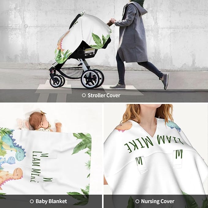 Personalized Baby Car Seat Canopy for Babies, Custom Name Baby Car Seats Cover for Boys Girls, Dinosaur Opening Minky Nursing Breastfeeding Covers for Infant, Carseat Canopies for Newborn