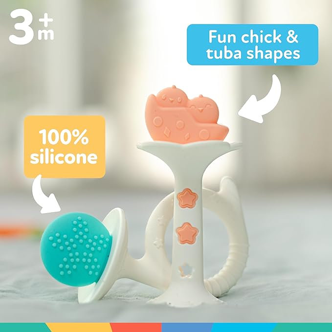 Nuby Silicone Fun Teethers - (2-Pack) Baby Teething Toy - Chick and Tuba Shapes - 3+ Months - Purple and Pink