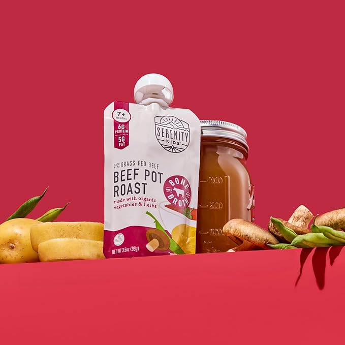Serenity Kids 7+ Months Beef Pot Roast Bone Broth Puree Baby Food Pouches - No Added Sugar Beef Bone Broth Puree - Protein-Packed Toddler Meal - BPA-Free Toddler Food Pouch - 3.5 Oz, Pack of 12