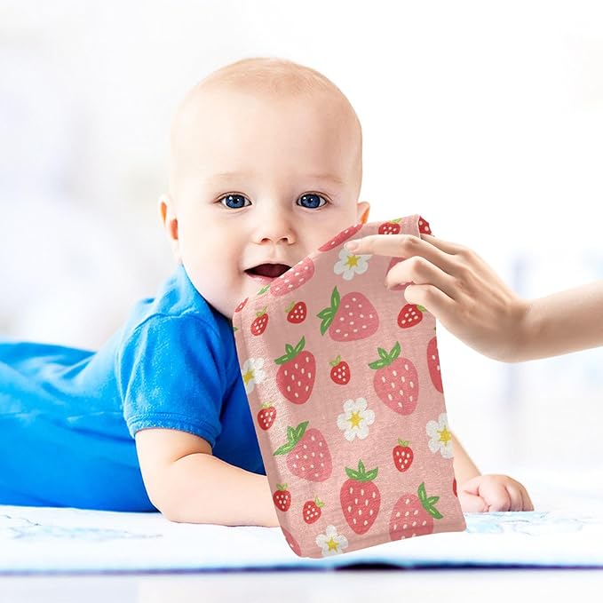 Strawberry Baby Muslin Washcloths 3 Pack, Absorbent Soft Cotton Baby Bath Face Towels Burp Cloths for Newborn Boys Girls, 12 x 12 Inch