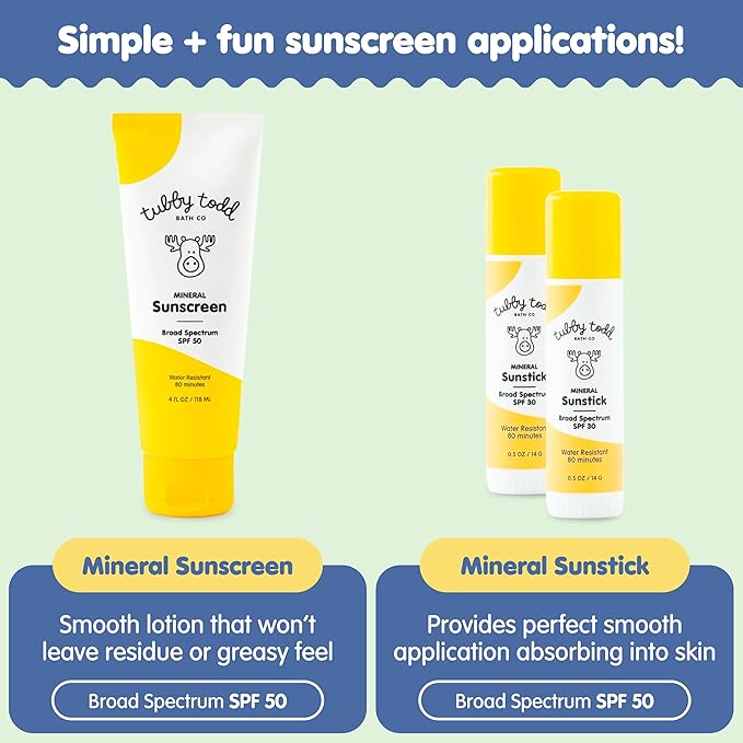 Tubby Todd Face and Body Mineral Sunscreen Kit for Baby, Toddler and Kids - Sunscreen 4 Fl Oz and Sunstick 0.5 Oz Duo Bundle - Fragrance-Free (Pack of 2)