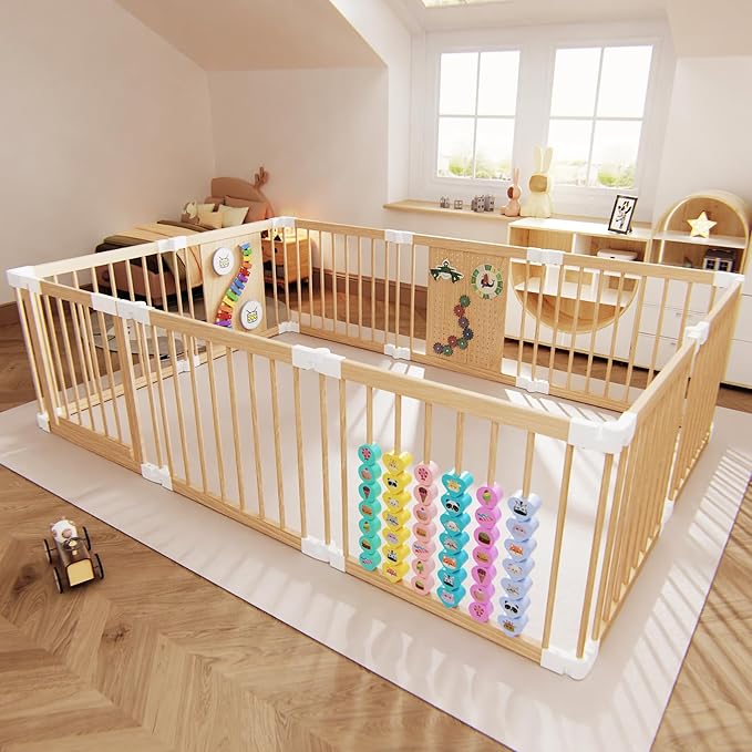 Baby Playpen - Adjustable Multi-Shape Wooden Play Yard, Portable Collapsible Activity Center with Baby Fence Play Area & Toys for Infants, Toddlers (57x85x24inch