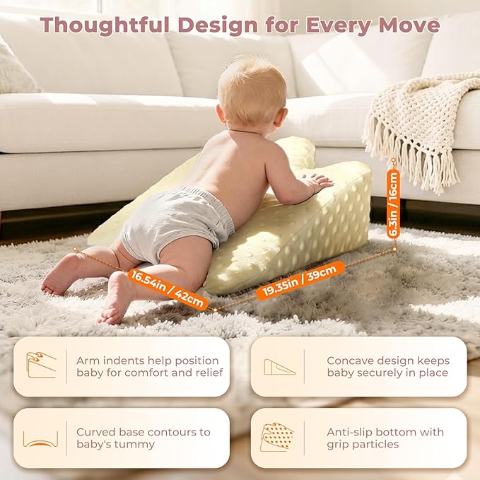 Tummy Time Support Pillow with Plush Cover for Baby Gas, Colic Relief & Burp, Nursing Reflux Prop for Feeding, Neck, Shoulder and Body, Tummy Time Mat for Newborns and Infant 0-12 Months - Beige
